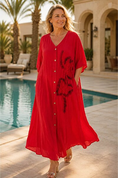 Punta Otantik Vl3052 Front Buttoned Floral Embroidered Voile Dress Red
