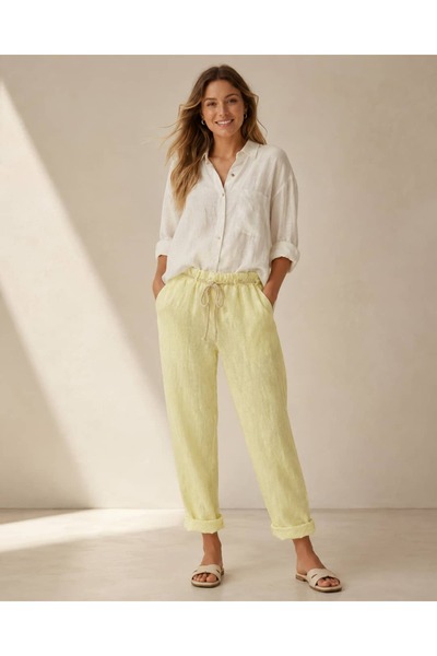 Punta Otantik Nc11451 Italian Thread Belted Linen Carrot Trousers Light Yellow