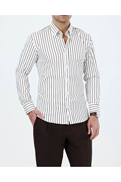 TerziAdemAltun Slim Fit Men's Striped Lycra Tie Collar Shirt Brown T20059-03