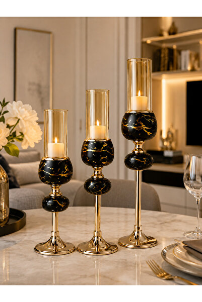 Vien Home 3'Lü Siyah Mermer Desenli Gold Metal Dekoratif Cam Mumluk Şamdan