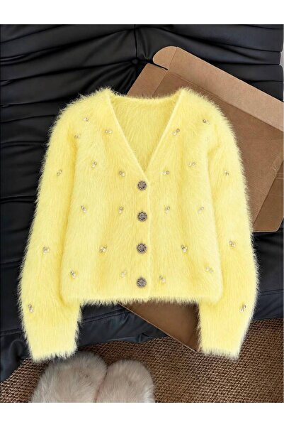 NATUFIAN STORE Women's Pearl and Stone V-Neck Plush Textured Basic Knitwear C...