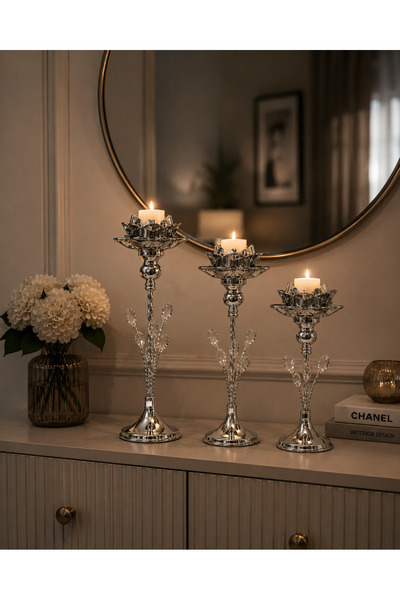 Vien Home 3'lü Gümüş Lotus Mumluk Seti Kristal Taş Detaylı Metal Şamdan Dekor...