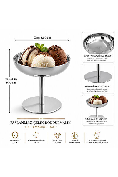 Turkco Silver Stainless Steel Footed Ice Cream Bowl Sweet Delight and Fruit P...