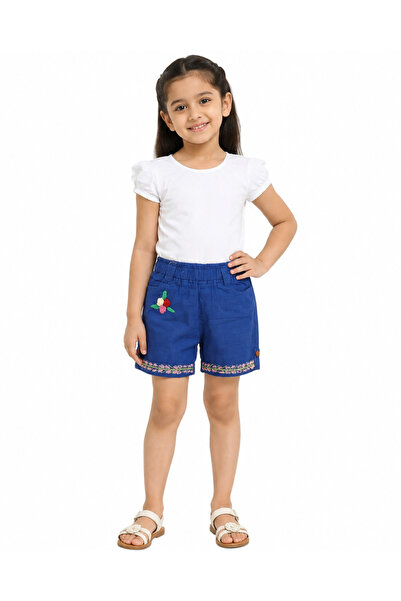 Generic Royal Blue Girls Shorts with Pink Embroidery and Elastic Waistband