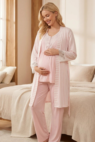 Rimel Homewear Lace Detailed Maternity Pajama Set and Striped Dressing Gown 3...