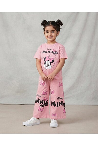 Ege Bebek Girl's Minnie Printed Summer Wide-Leg Pants and T-Shirt Set for Age...