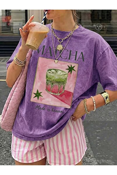 Toum Matcha Design Printed Washable Vintage Unisex Oversize T-Shirt