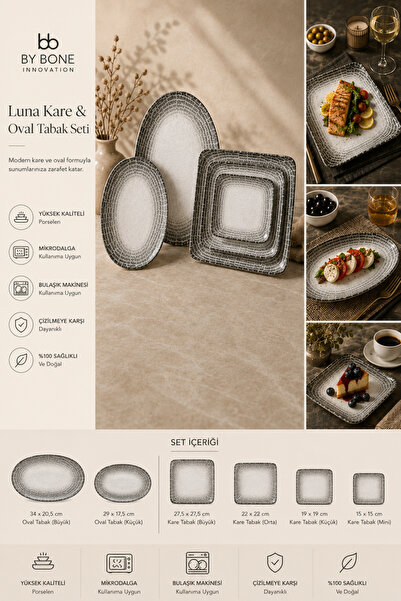 By Bone Porselen By Bone Luna Square & Oval Porcelain Plate Set – Modern and ...