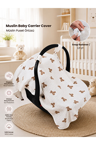 Mou&Kou 100% Cotton Muslin Stroller Cover with Teddy Bear Pattern