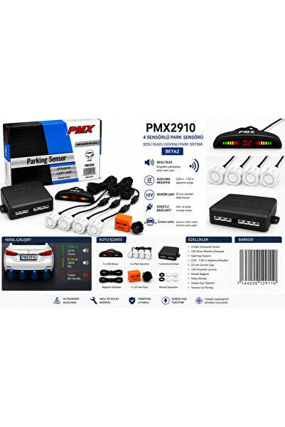 PMX PMX2910 Ekranlı 4 Sensörlü Park Sensörü Beyaz 12V Sesli İkazlı Geri Park ...