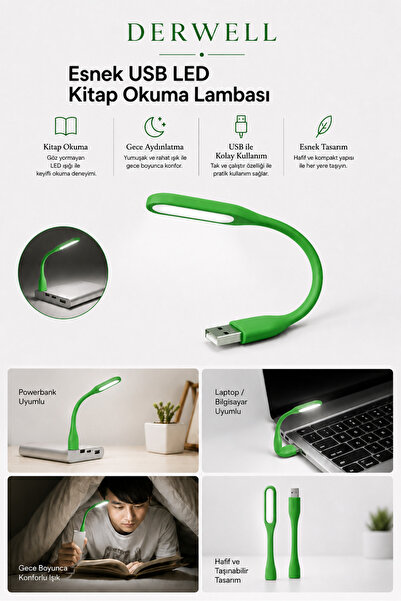 Derwell Esnek USB LED Kitap Okuma Lambası Taşınabilir Mini Masa Üstü Gece Lam...