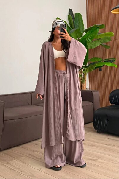 Bak'ap Premium Gofre Keten Uzun Kimono Bol Paça Pantolon 2'li Tesettür Takım