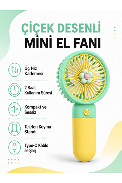 Golden Tech Çiçek Desenli Şarjlı Mini El Ve Masa Fanı Mini El Pervanesi