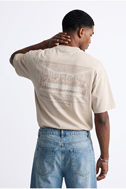 Respire Men's Da Vinci the Last Supper Printed Oversize T-Shirt Beige