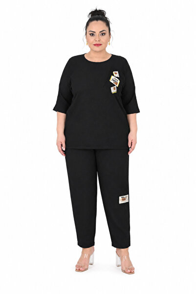 DARKWIN Plus Size Crew Neck Appliqué Detailed Relaxed Fit Women's Set