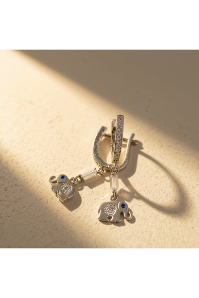 Ari Jewelry 925 Ayar Gümüş Mavi Gözlü Fil Sallantılı Halka Küpe - Zirkon Taşlı