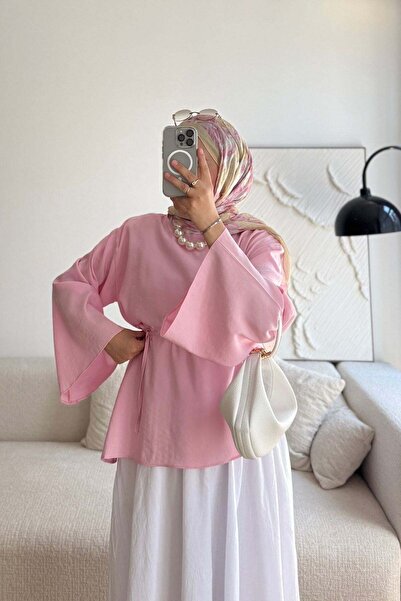 Giyim Gezegeni Pembe Belden Bağlamalı Tesettür Tunik Asimetrik Çapraz Kesim G...