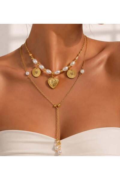 KAYANCLICK Stainless Steel Double Layered Pearl Necklace Heart Pendant Necklace
