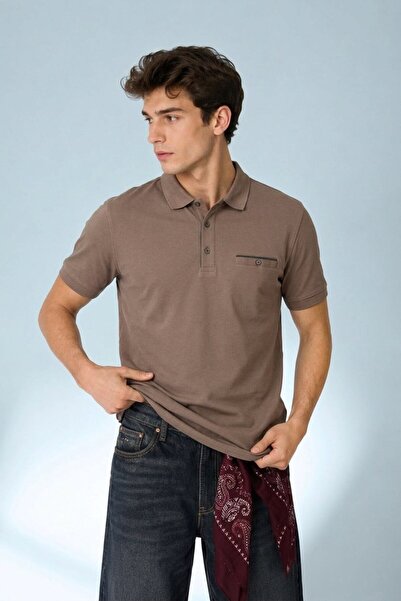 Maccali Men's Relax Fit Brown Pocket Polo Collar t Shirt