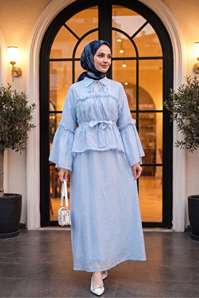 Modamorfo Tulle Voile Dress with Tie Collar, Ruffle Detail, Lining and Belt -...