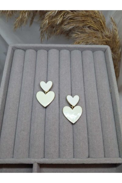 ZEYKU ACCESSORİES White Heart Figured Double Heart Earrings with Gold Detail
