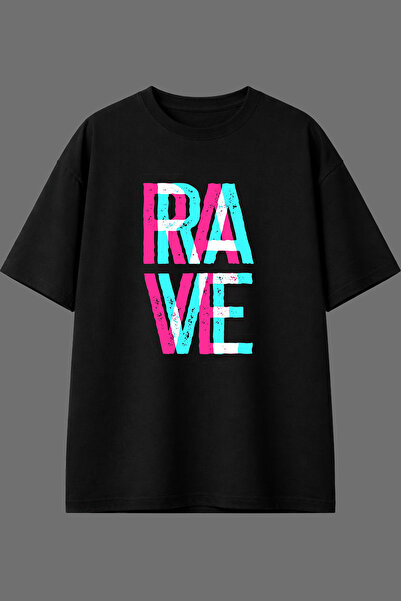 VSRN تي شيرت أسود كبير الحجم مطبوع من الأمام بتصميم Rave Rave