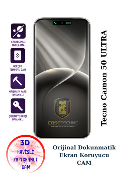 CaseTechnoo Tecno Camon 50 ULTRA Uyumlu Kavisli 3D Tam Kaplayan ESD Cam Ekran...
