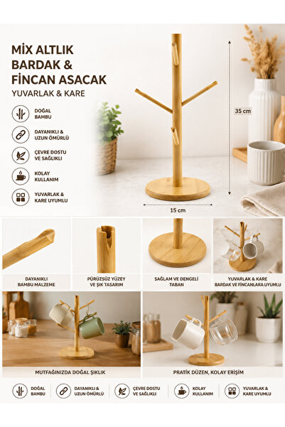 Genel Markalar Bambu Bardak ve Fincan Askılığı – 6 Kancalı Ahşap Kupa Standı ...