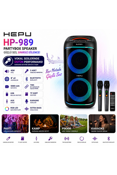 Boomboxtr HP-989 Bluetooth Partybox Hoparlör | 40W | 2 Kablosuz Mikrofon | 8"...