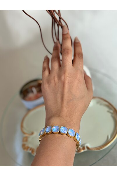 ANKA JEWELLRY Blue Opal Stone Gold Women's Steel Flexible Bracelet