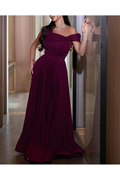 tsuwahen Elegant Off Shoulder Burgundy Pleated Skirt Long Evening Dress