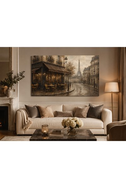 FTRMALZEMECİM Premium Yağmurlu Paris Kafesi Kanvas Tablo – Eyfel Kuleli Sepya...