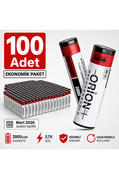 Orion 18650P 3.7V 2000mAh 15C Li-ion Şarjlı Pil – 100 Adet Ekonomik Paket – M...
