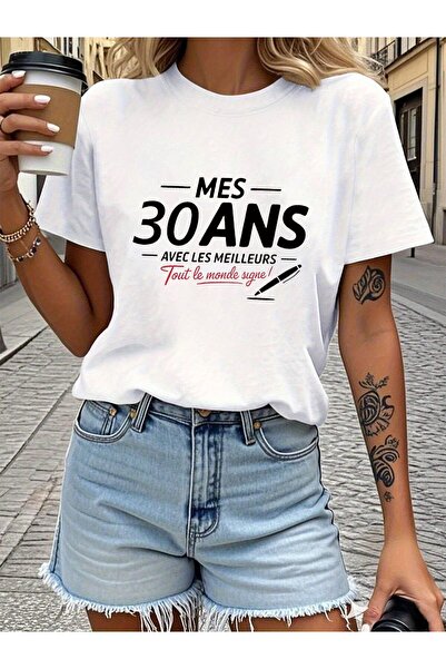 01THEONE تي شيرت نسائي فرنسي بطبعة "My 30s" - 30 سنة مع طباعة مميزة، بلوزة كا...