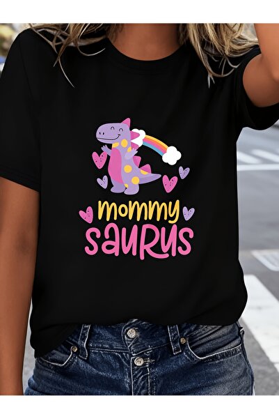 En22 Cute Dinosaur Mama Print Short Sleeve T-Shirt, Round Neck Casual Top for...