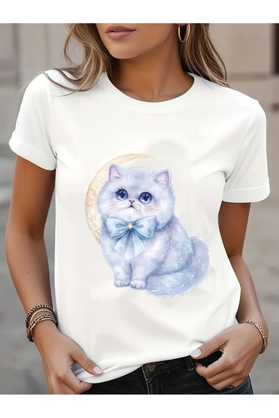 Ekim11 Women's Cat Print T-Shirt, Multicolor Printed Casual Round Neck Short ...