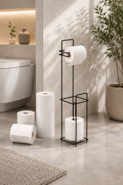 Suntel Black Metal Standing Toilet Paper Holder and Spare Roll Stand |   Mode...