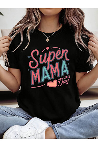 En22 تي شيرت نسائي صيني - بلوزة بأكمام قصيرة وياقة دائرية مع طباعة Super MAMA...