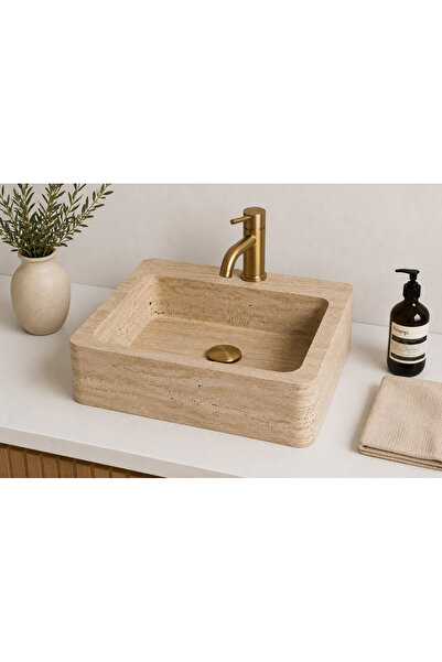 Modestmar Doğal Traverten Tezgâh Üstü Lavabo – 45 × 49 cm