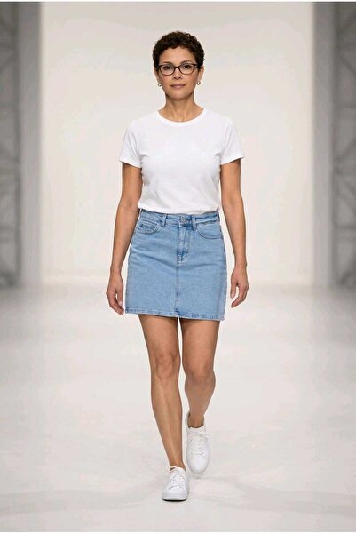 they11 No Slits 48 cm Ice Blue, Lycra Flexible High Waist Denim Skirt