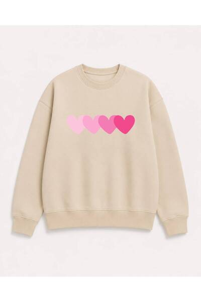 Birdirbir Kız Çocuk Pembe Kalp Baskılı Bisiklet Yaka Sweatshirt