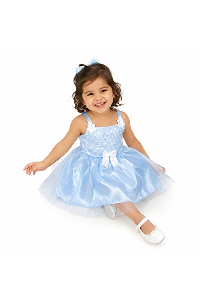 MADE Girls' Dress with Tulle and Satin Straps Decorated with Pearls and Bow