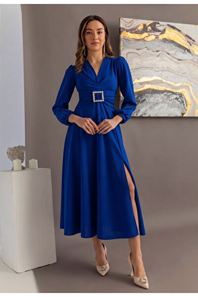 mass fashion Γυναικείο φόρεμα με πέτρινη πόρπη με λεπτομέρεια με σχισμή και φ...