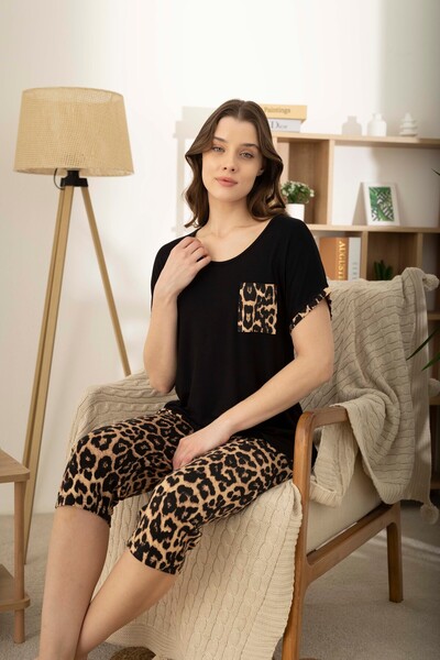 Miss Meryem Siyah Ring Viskon Kısa Kol Kapri Pijama Takım