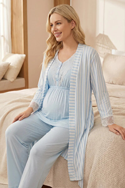 Rimel Homewear طقم بيجامة للحوامل مكون من 3 قطع، مخطط باللون الأزرق، بأكمام ق...