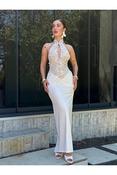 YK FASHION Dantel Detaylı Büzgülü Elbise