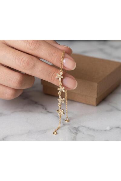 GİS JEWELRY Gold Color Zircon Stone Row Flower Motif Shahmeran