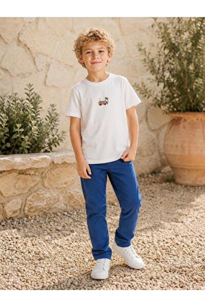 Mutlu Kids Tricou de bază din bumbac cu broderie și model pentru băieți, ecru