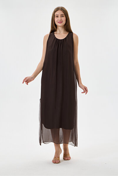 della moor Brown Italian Zero Sleeve Lined Plain Silk Dress Size 38 - 42