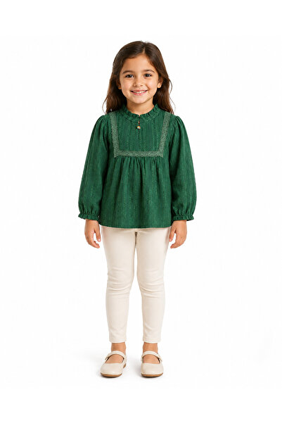Generic Girls' Blouse with Raised Collar and Lace Details and Long Sleeves